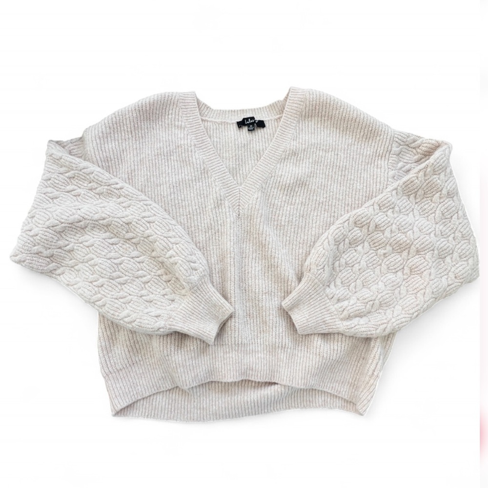 Lulus Cream Cable Knit Puff Sleeve V-Neck Sweater - Size Small